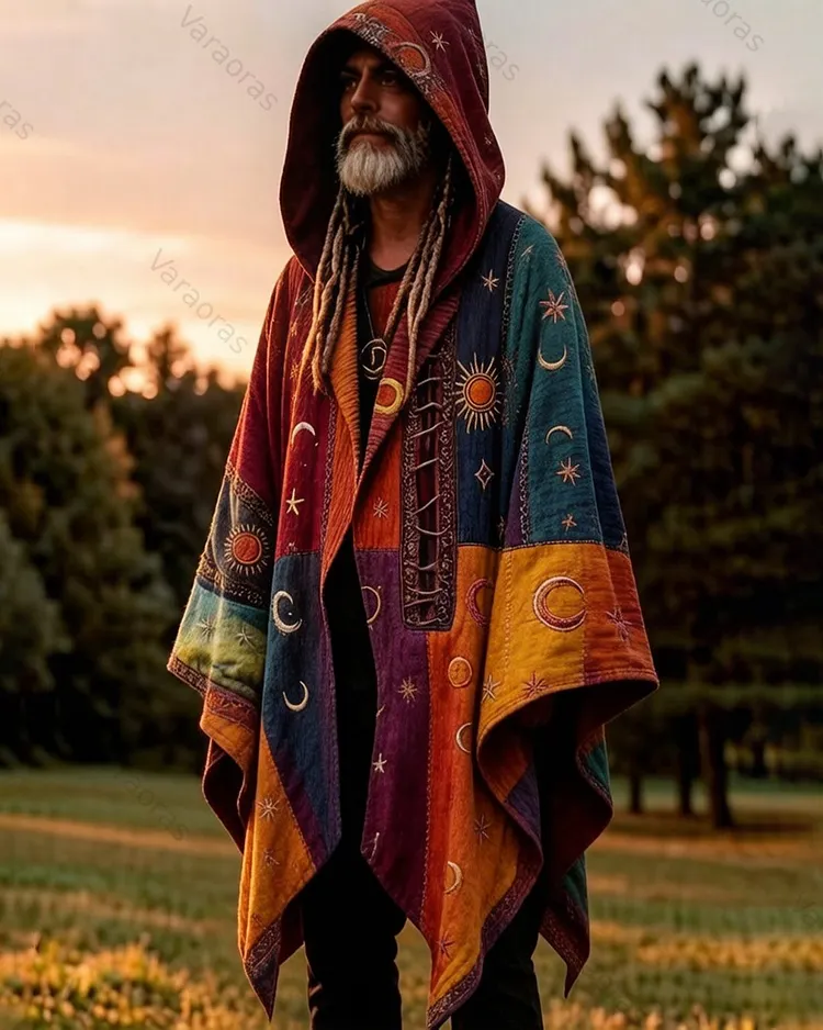 Men's Summer Fashion Hippie Style Star and Moon Embroidered Linen Cardigan Hooded Cape  7254