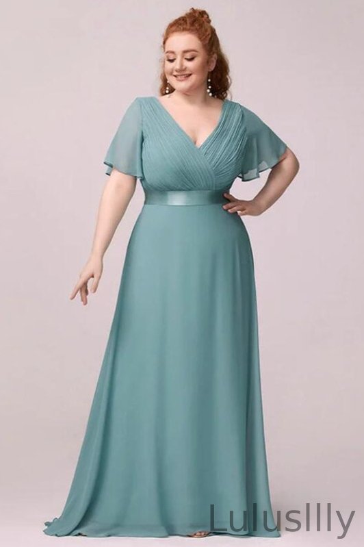 Elegant V-Neck Plus Size Chiffon Evening Dress With Short Sleeves - lulusllly
