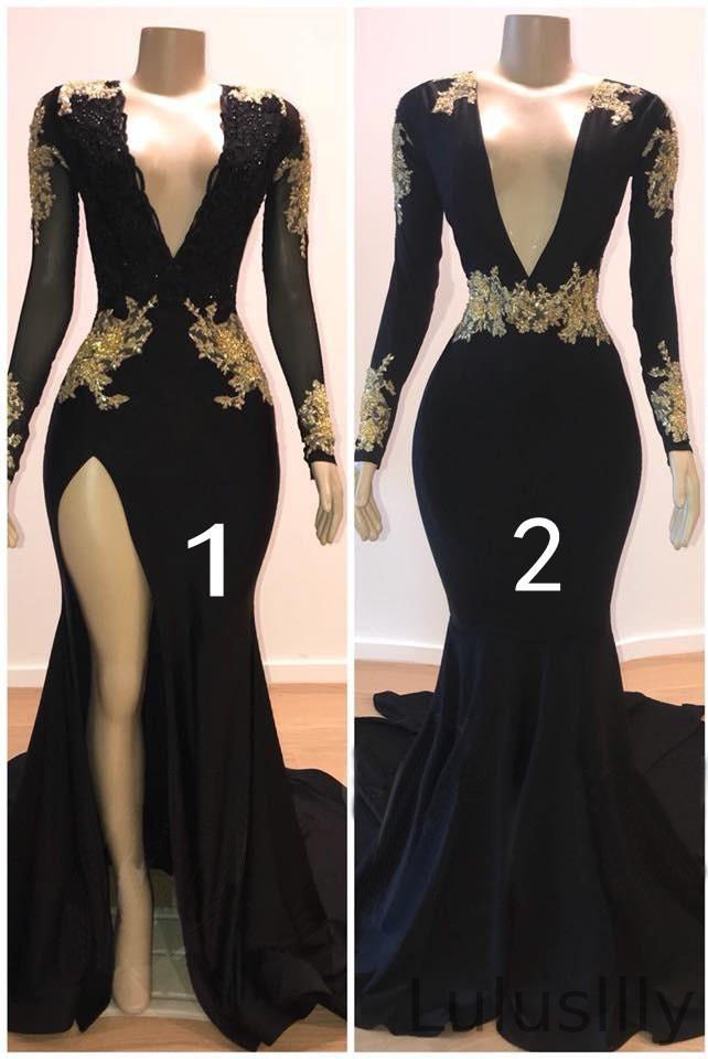 Charming Long Sleeves Black Prom Dress Gold Appliques Long Party Gowns - lulusllly