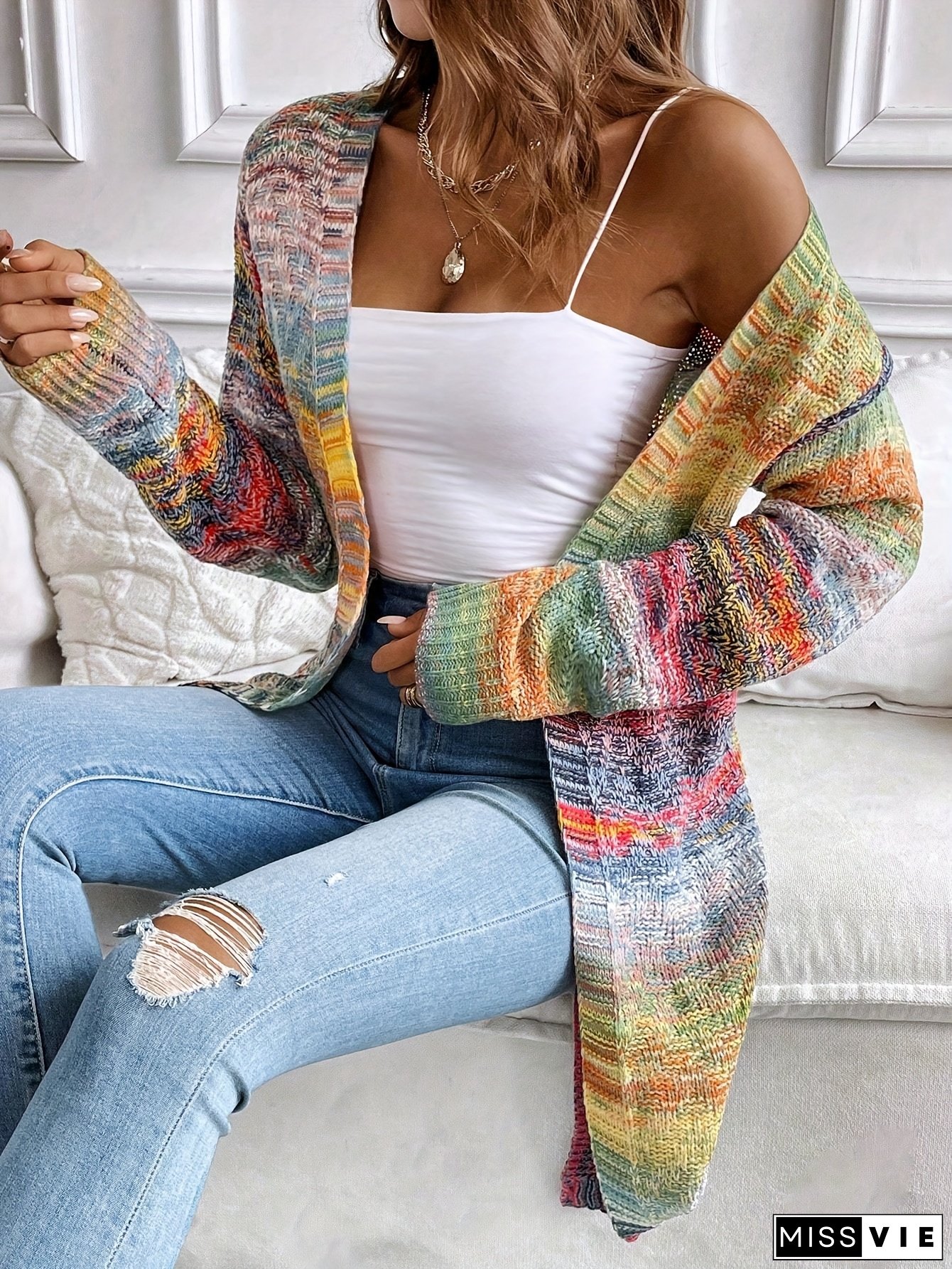 Acrylic Color Block Cardigan Collar Casual Knit Sweater, Gradual Color Change, for Fall/Winter