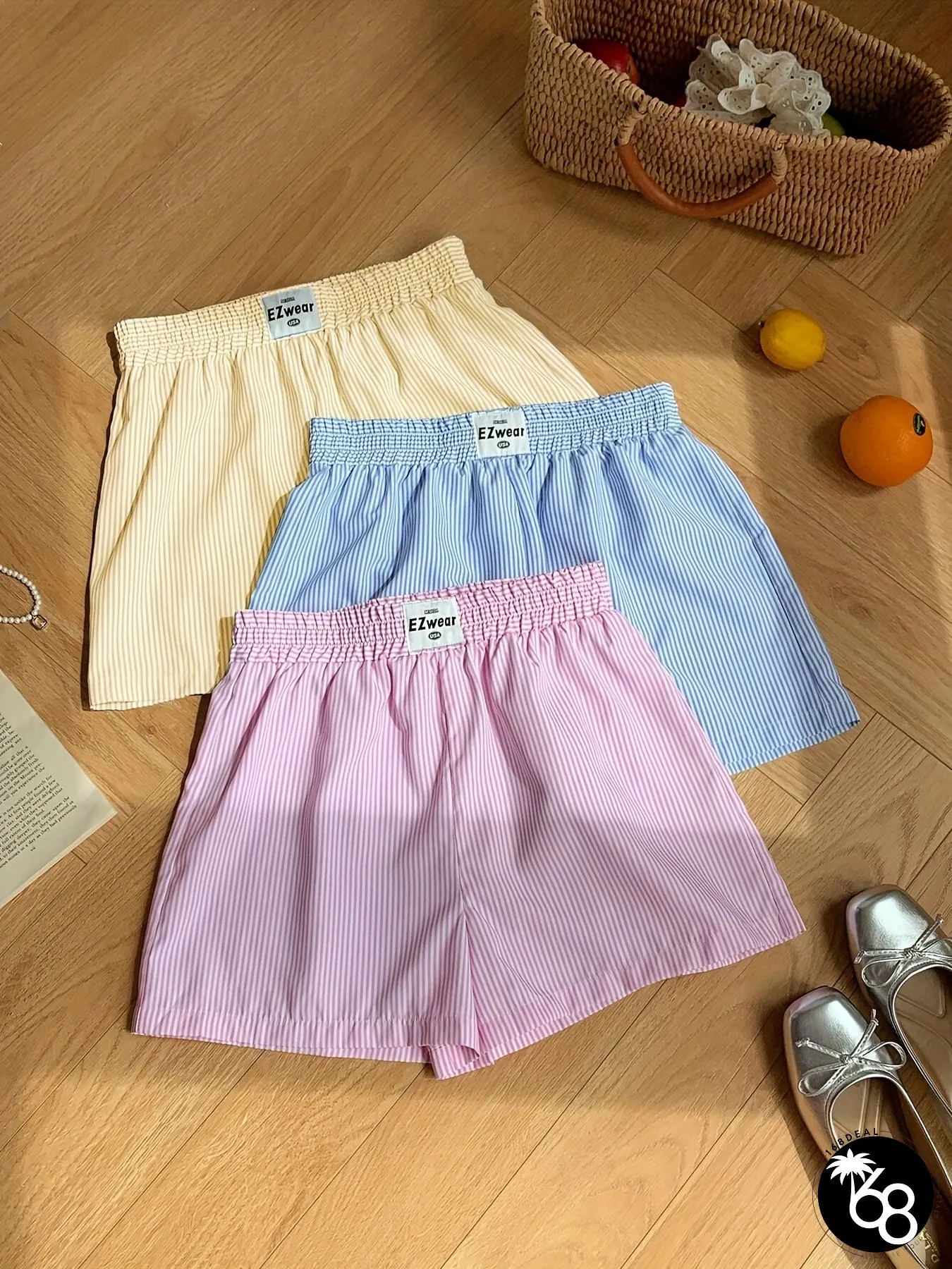 Womens Summer Striped Elastic Waist Shorts Pastel Colors Ribbed Texture Machine Washable | 168DEAL