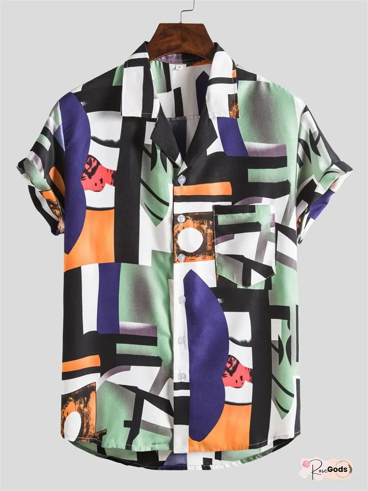 Mens Casual Vacation Style Sports Loose Colorblocking Slim Printed Short-sleeved Lapel