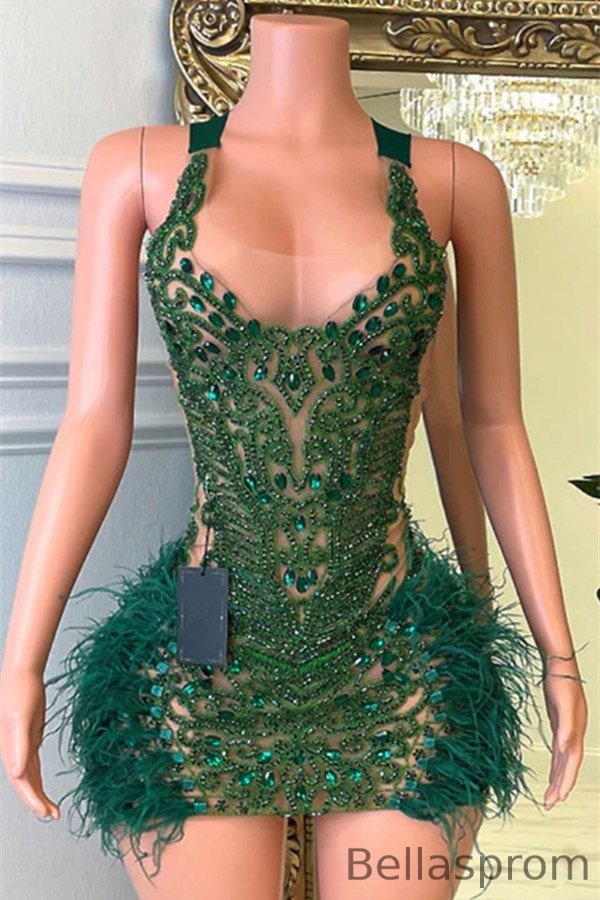 Bellasprom Emerald Green Sleeveless Short Prom Dress WIth Beadings Crystal Feathers Bellasprom
