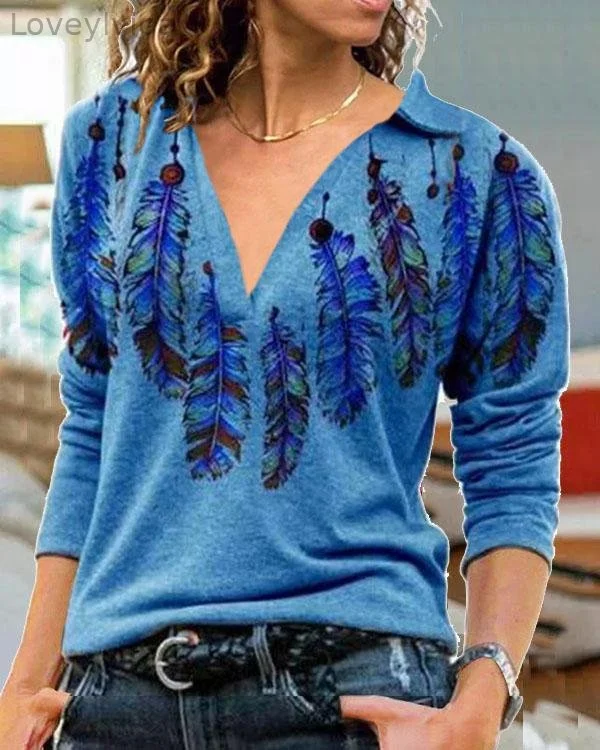 Plus Size Vintage Feather Print Long Sleeve Shirt Collar Tops