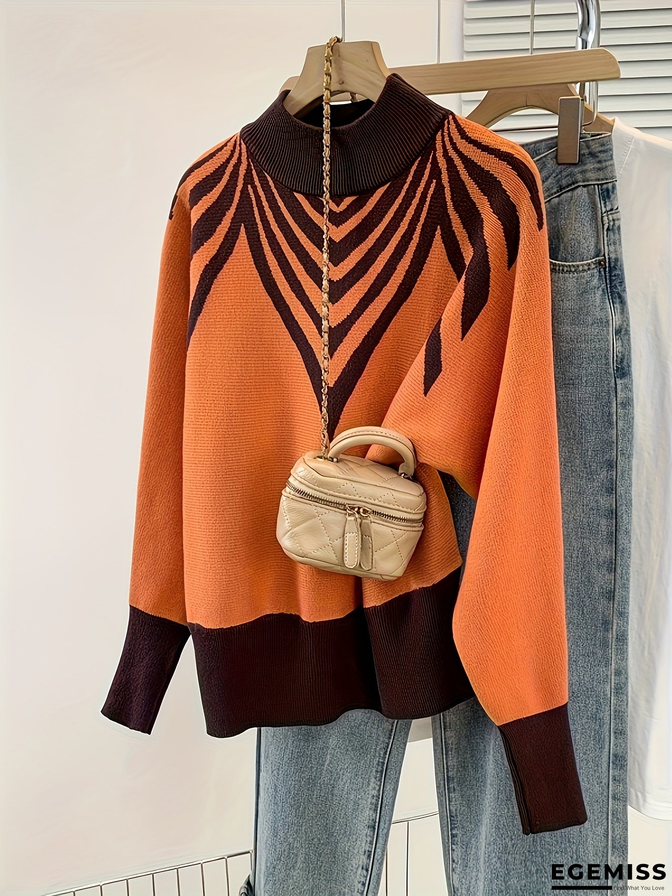 Women's Elegant Geometric-Textured Orange & Black Striped Sweater - Casual Chic Long Sleeve Pullover with Round Neck, All-Season Comfort Fit, Versatile Layering Piece, Casual Chic Outfit, Relaxed Fit Top, Comfortable Knitwear | EGEMISS