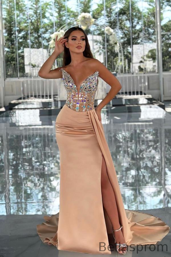 Bellasprom Champagne V-Neck Sleeveless Mermaid Prom Dress With Ruffles Beadings Bellasprom