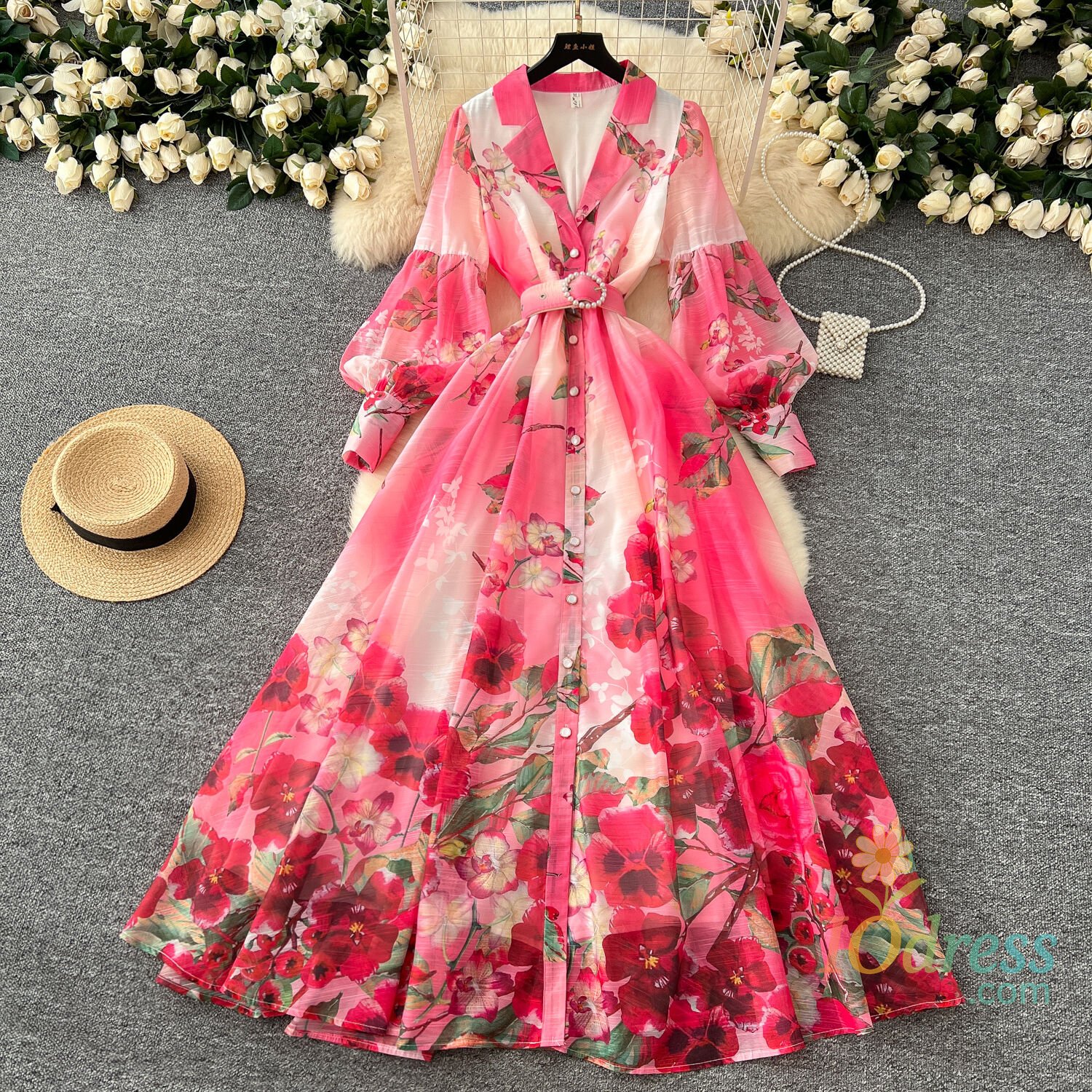 IO Dress Palace Floral Maxi Dress Women Summer Holiday Long Dresses Shirt 2025 Spring Full Sleeve Single Breasted Pearls Party Vestidos IO Dress