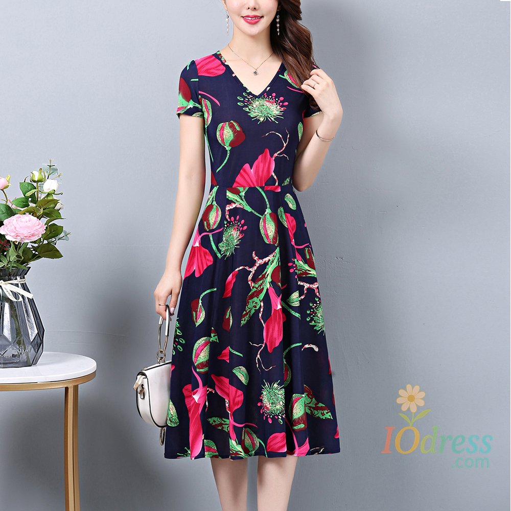 IO Dress New Fashion Summer dresses For Women 2023 V-Neck Print Flowers Short Sleeve Casual Elegant Dress Plus Size 5XL Women Clothing