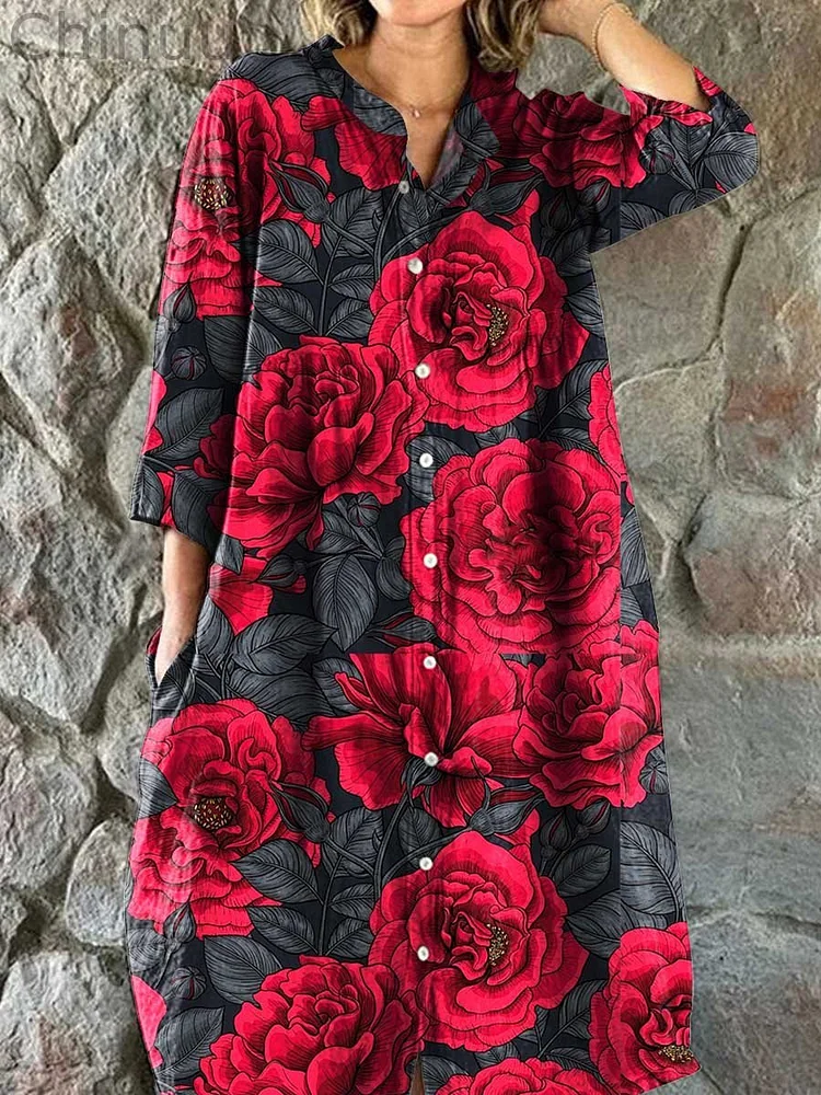 Women's Rose Floral Print Elegant Simple Cotton Shirt Dress