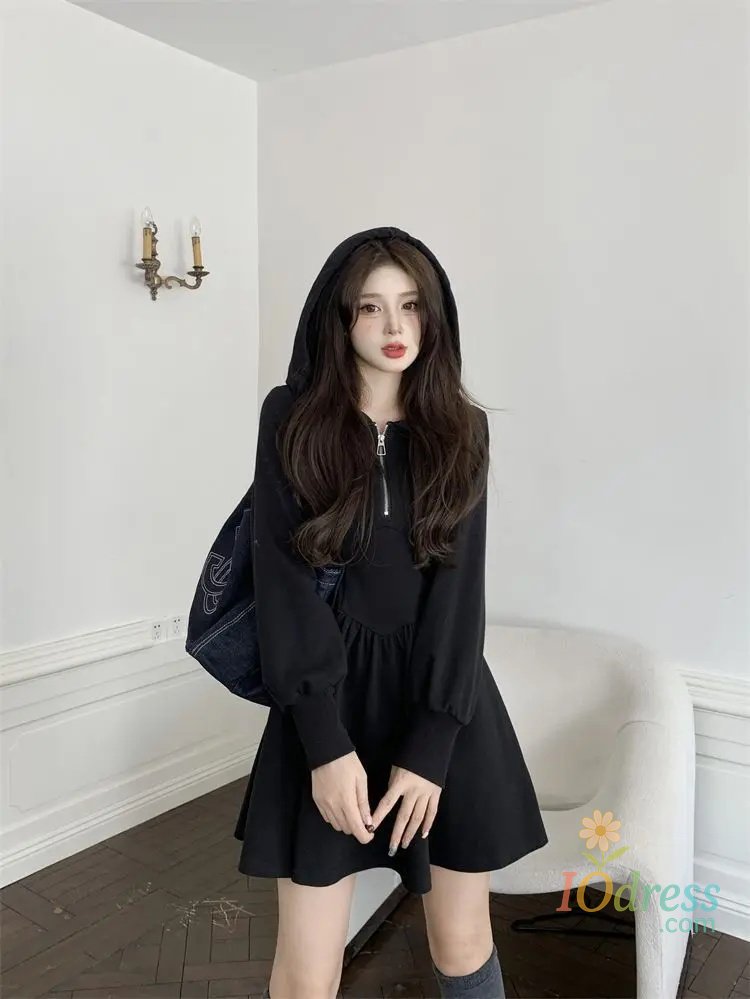 IO Dress Black Oversized Hoodie Dress Women's Casual Waist-Cinching Mini Skirt A- Line Short Dress Autumn Winter plus Size Elegant Slimmi