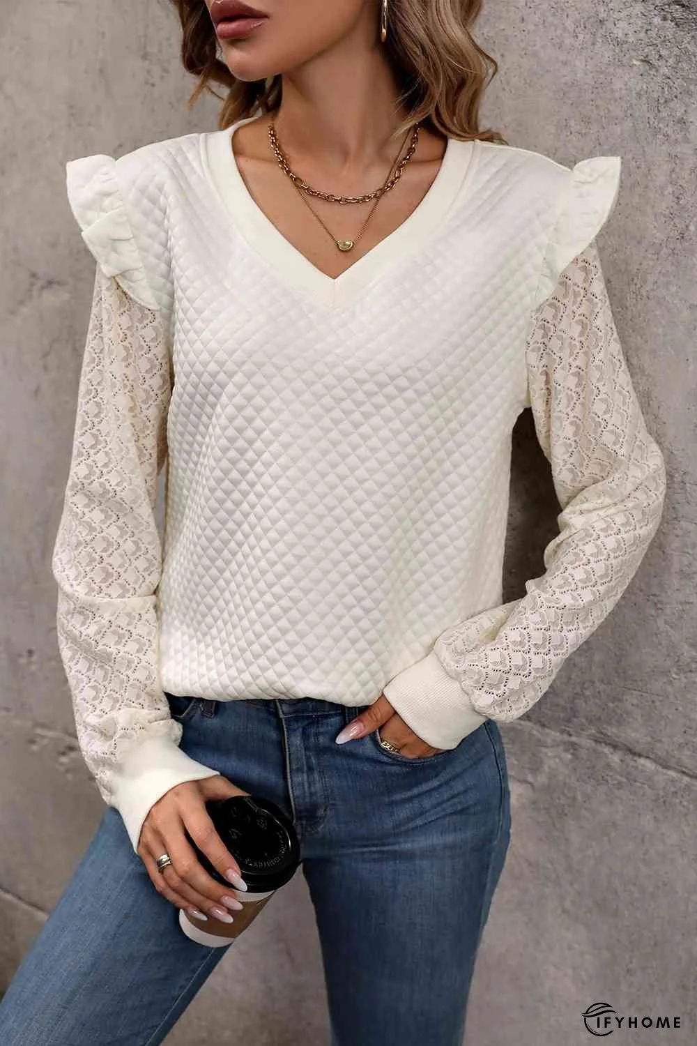 V-Neck Ruffle Trim Long Sleeve Sweatshirt | IFYHOME
