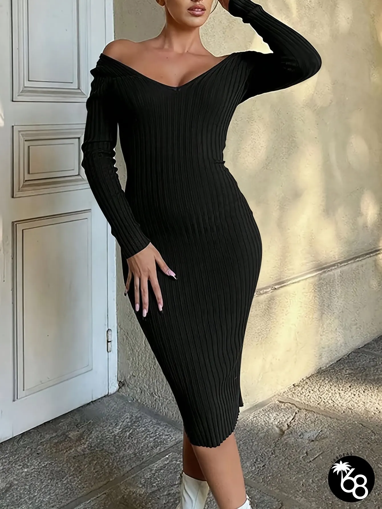 Womens Off-Shoulder Ribbed Sweater Dress Stretchy Bodycon Midi With High Slit Solid Black | 168DEAL