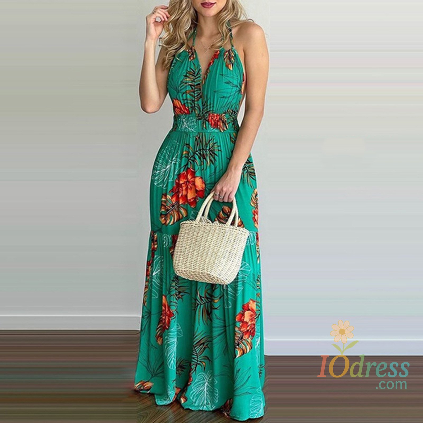 IO Dress Sexy Boho Beach Dress Women Casual Tropical Floral Print Robe Halter Backless Maxi Dresses Summer Sleeveless Sundress платье IO Dress