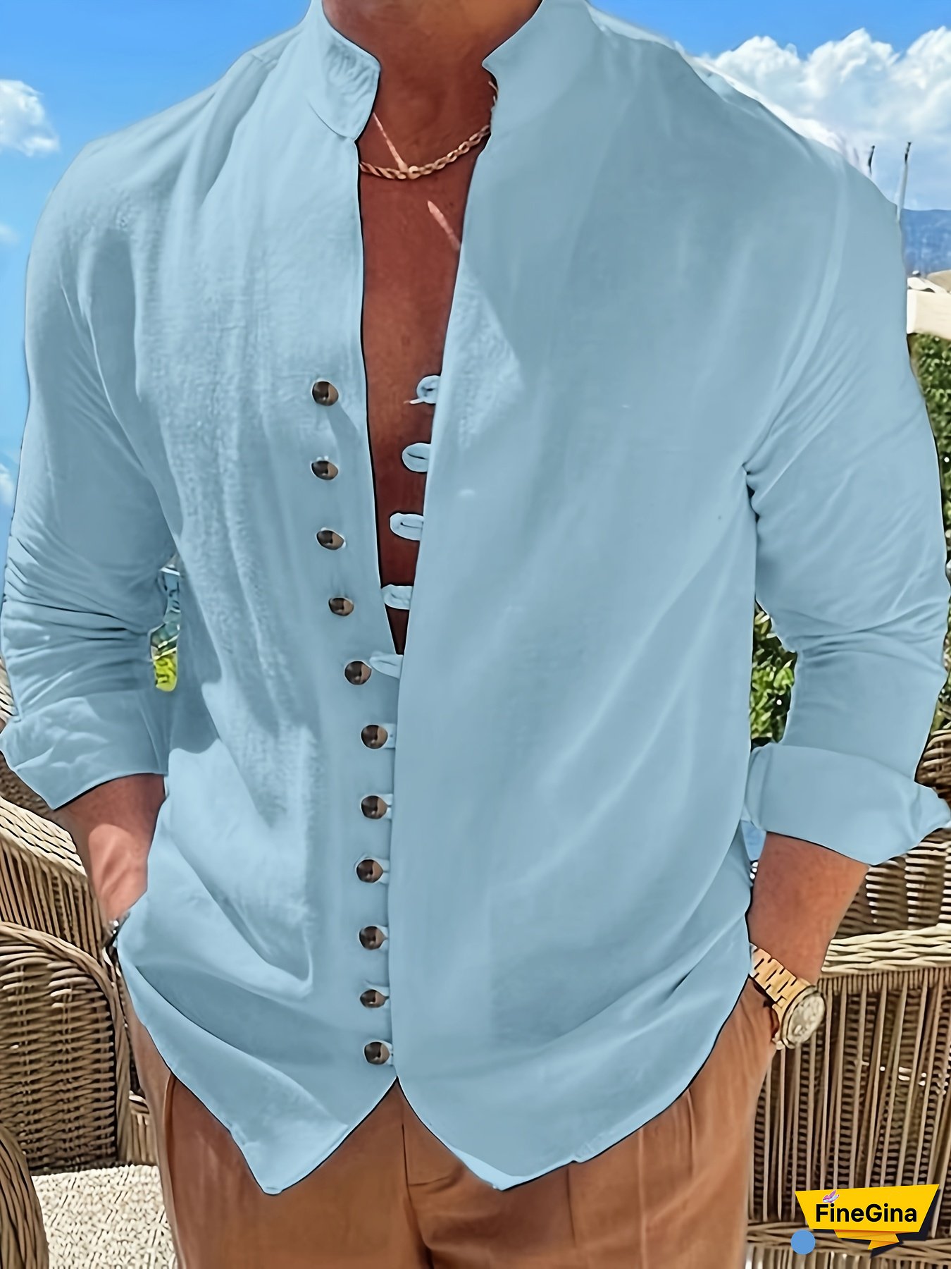 Men‘s Light Blue 3D Print Casual Shirt - Stand Collar, Long Sleeve, Button-Up Front, Non-Stretch Fabric, Perfect for Outdoor & Casual Attire, Shirt for Men