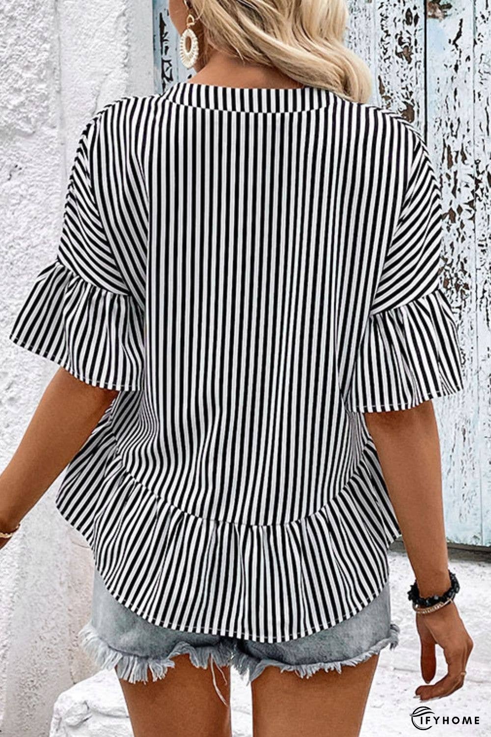 Striped Asymmetrical Flounce Sleeve Blouse | IFYHOME