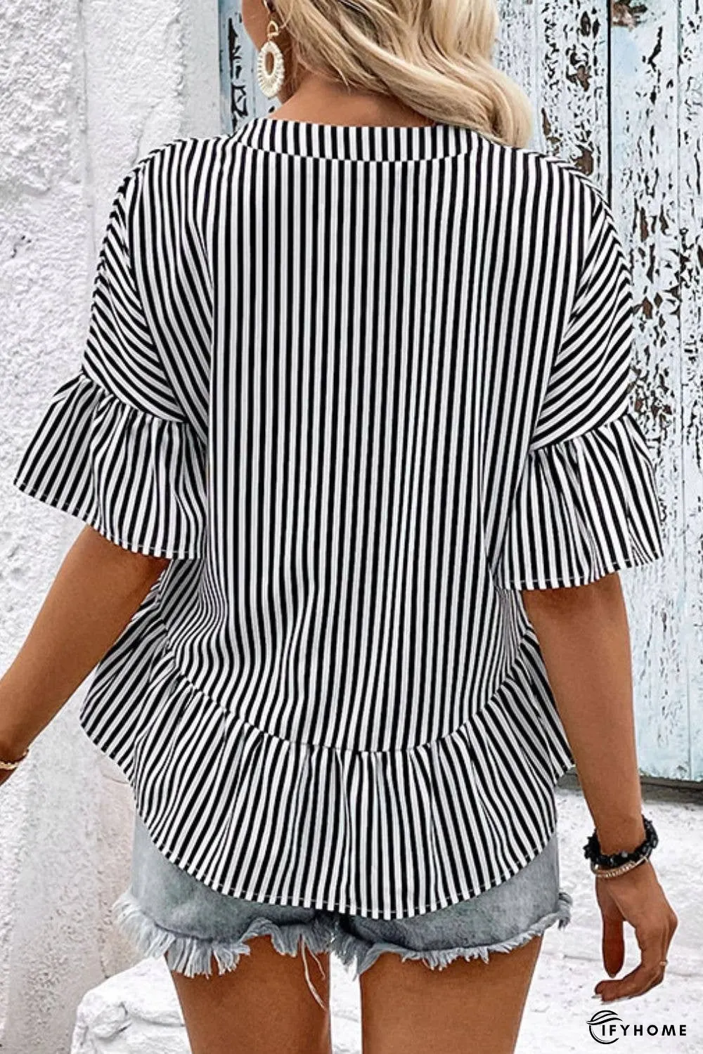 Striped Asymmetrical Flounce Sleeve Blouse | IFYHOME