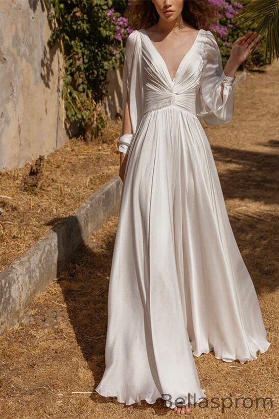Bellasprom Long Sleeves V-Neck A-Line Wedding Dress Long With Pleats Bellasprom
