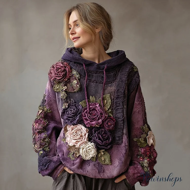 Women's Purplu Rose Embroidery Art Cozy Hooded Sweatshirt