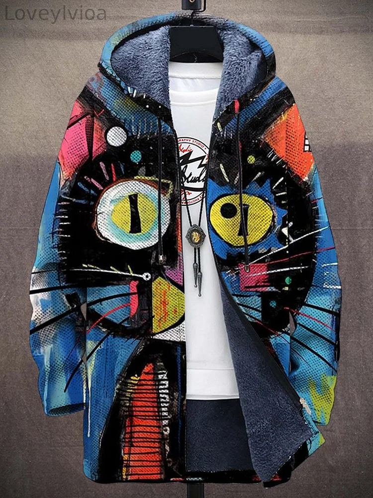 Unisex Abstract Cats Art Pattern Plush Thick Long-Sleeved Sweater Cardigan Coat
