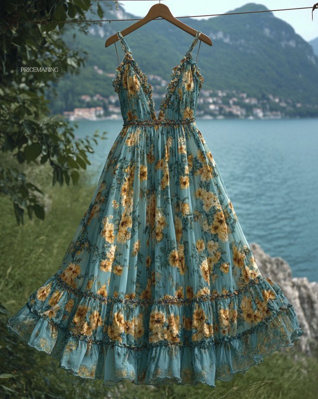 Summer Vacation Floral Print Chiffon Contrast Maxi Dress 5196