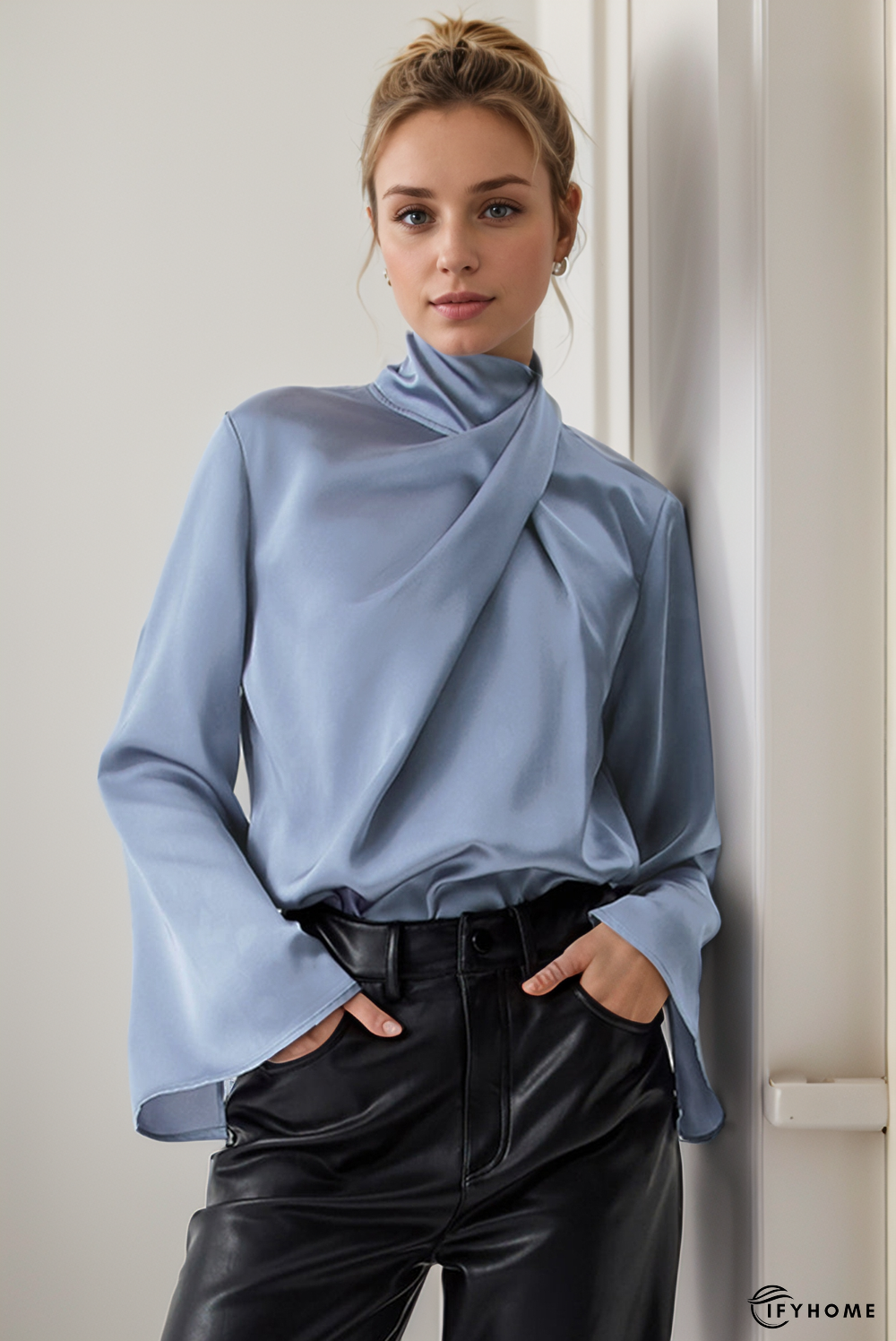 Asymmetric Pleated Turtleneck Bell Sleeve Blouse | IFYHOME
