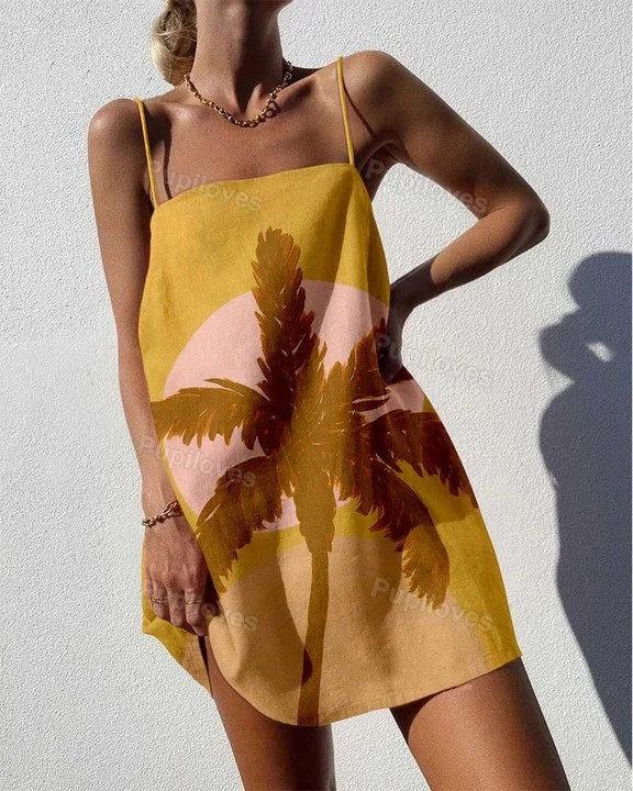 Pupiloves Pupiloves Summer Tree Print Sling Mini Dress
