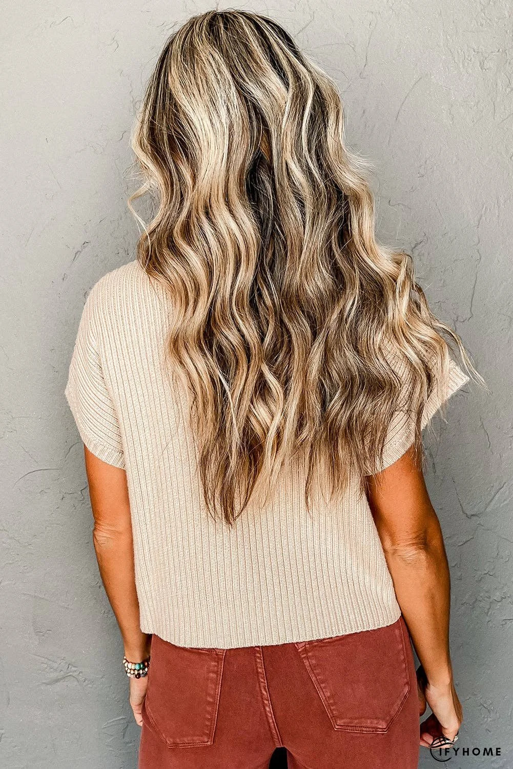 Oatmeal Patch Pocket Ribbed Knit Short Sleeve Sweater | IFYHOME