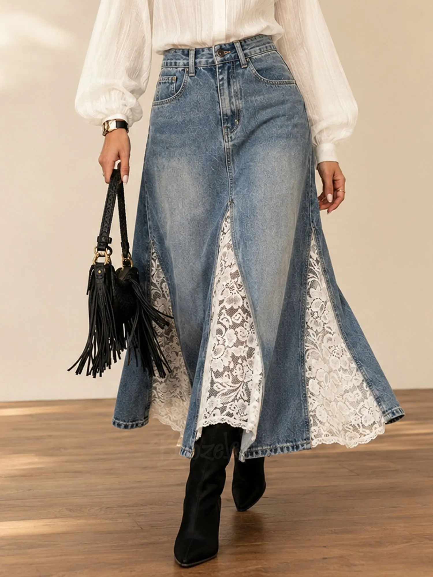 Perfect for a Western Rodeo Festival &mdash; 2026 Spring Blue Washed Vintage Lace-Panel Denim Maxi Skirt