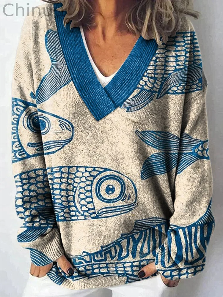 Blue Fish Minimalist Line Print Knit V-neck Pullover Sweater