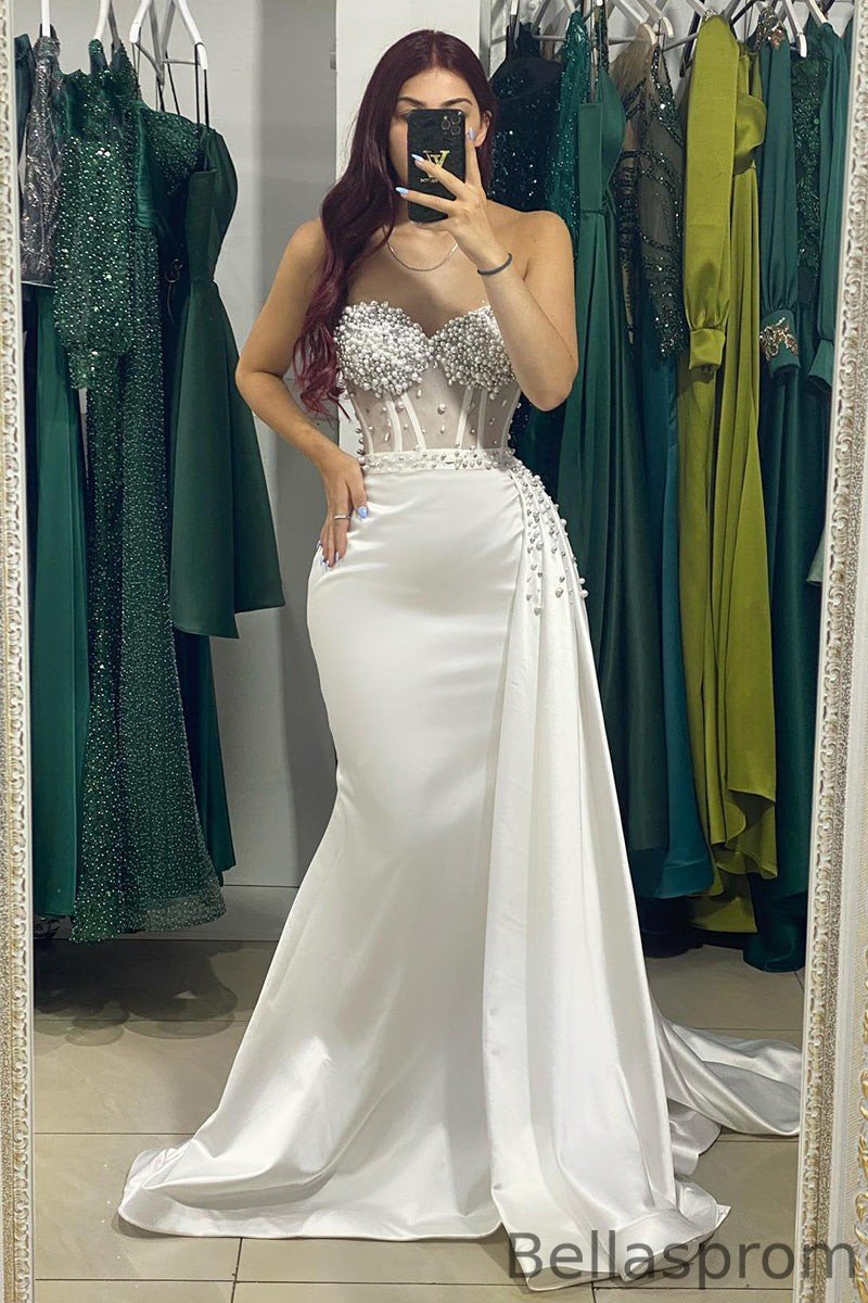 Bellasprom White Sweetheart Mermaid Prom Dress Ruffles With Pearls Bellasprom