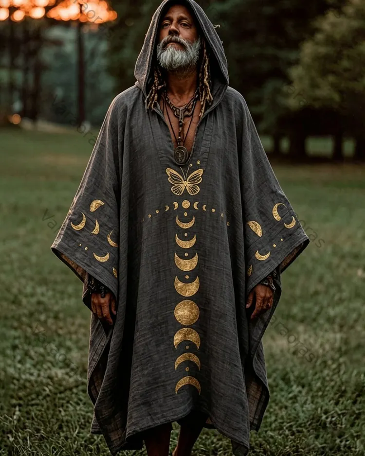 Men's Summer Fashion Hippie Star and Moon Embroidered Linen Hooded Kaftan 8045