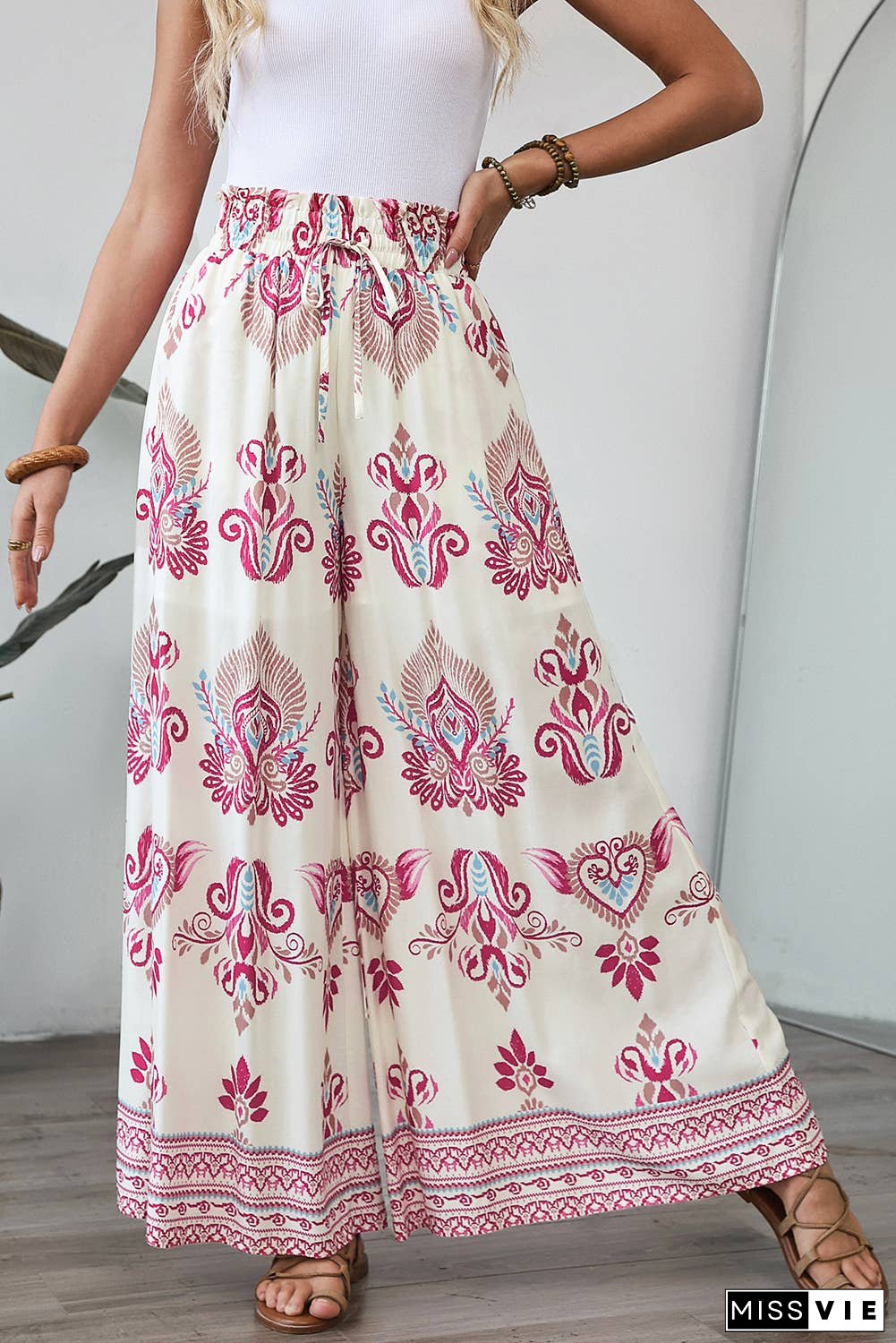 Boho Printed Shirred High Waist Flowy Wide Leg Pants