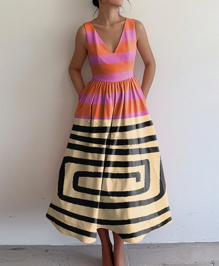 Retro Elegant Abstract Print V Neck Sleeveless Dress