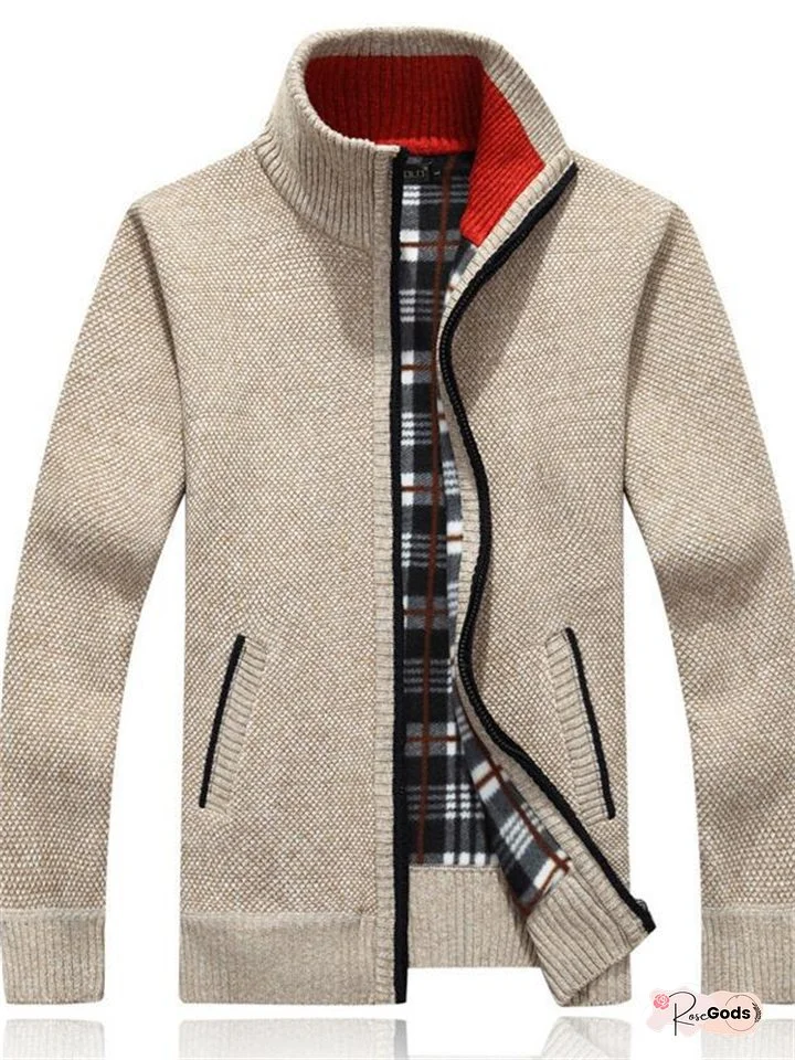 Men's Sweater Cardigan Zip Sweater Sweater Jacket Fleece Sweater Knit Zipper Pocket Stand Collar Stylish Casual Clothing Apparel Winter Fall Black Wine M L XL