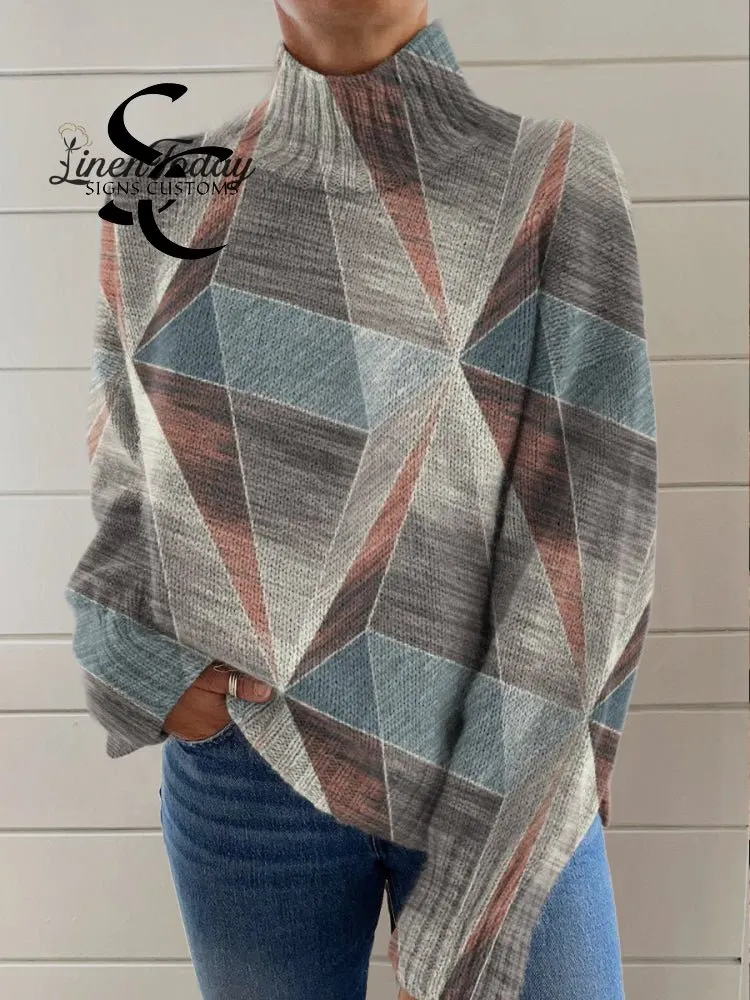 Rhombus Geometric Decorative Pattern Knit Turtleneck Pullover Sweater