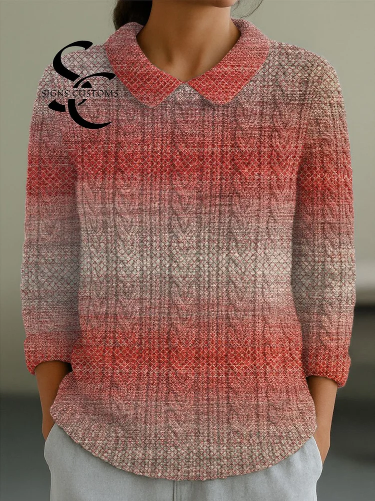 Women's Vintage Gradient Art Print Casual Peter Pan Collar 3/4 Sleeve Sweater