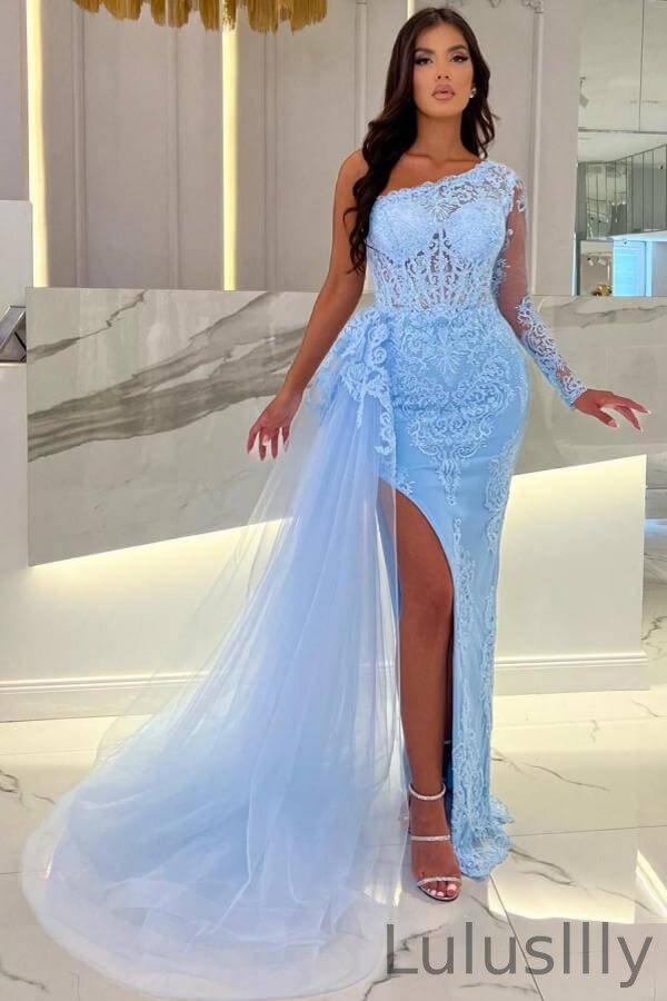 Classy Sky Blue One Shoulder Long Sleeve Mermaid Evening Gown Lace Appliques With Split Ruffles - lulusllly