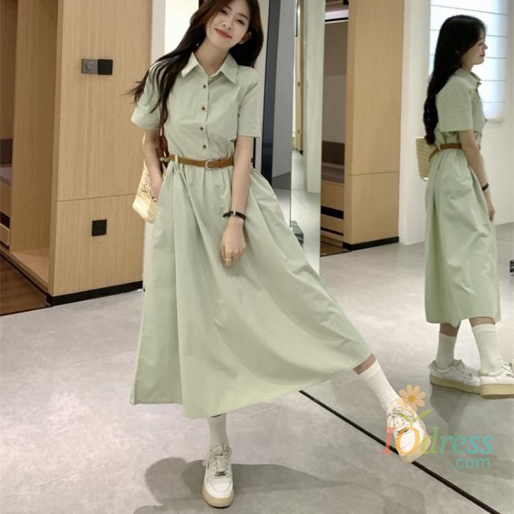 IO Dress Polo Neck Short-sleeved Women 2025 Summer New A-line Waist-hugging French Midi Dress