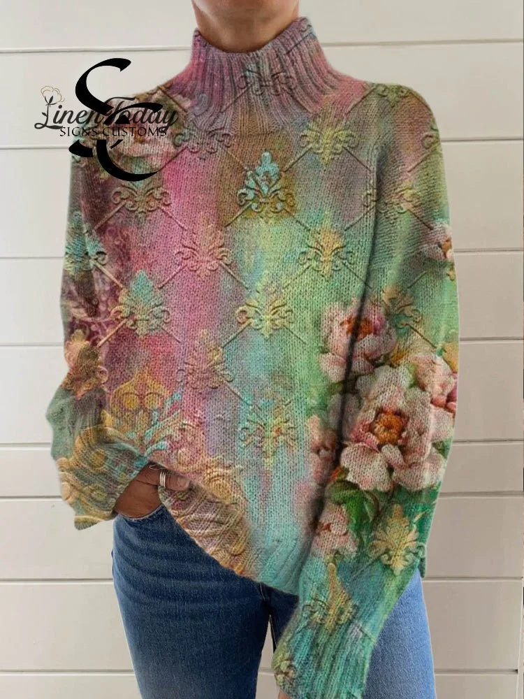 Women's Vintage Lovely Floral Art Print Knit Turtleneck Pullover Sweater