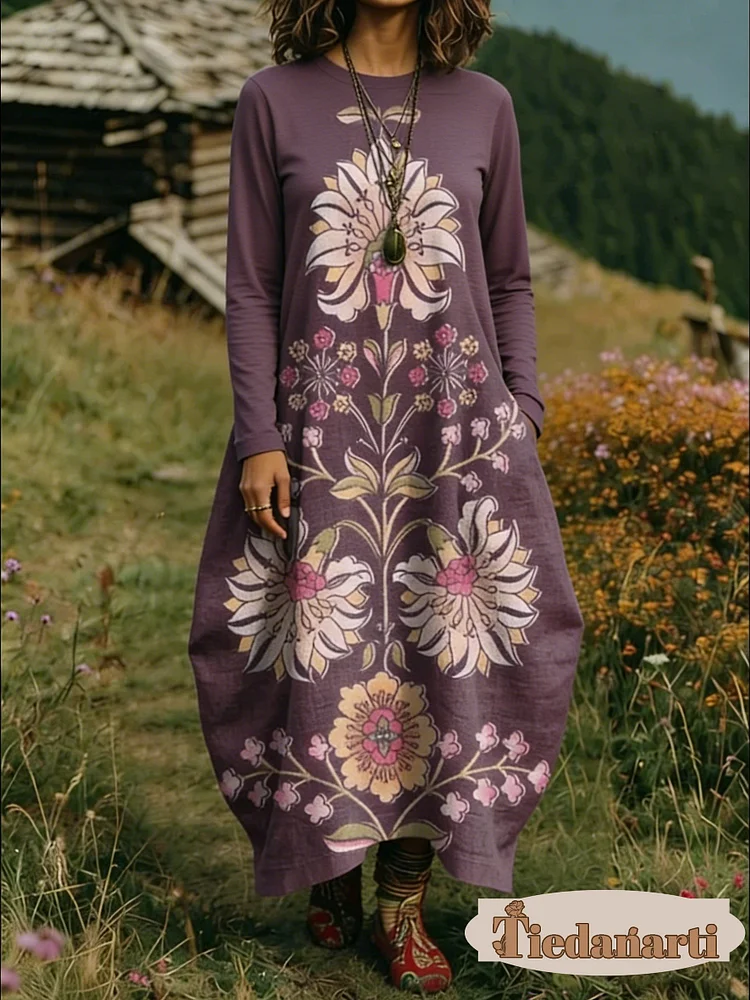 Women's Floral Print Crew Neck Long Sleeve Cotton Pocket Dress