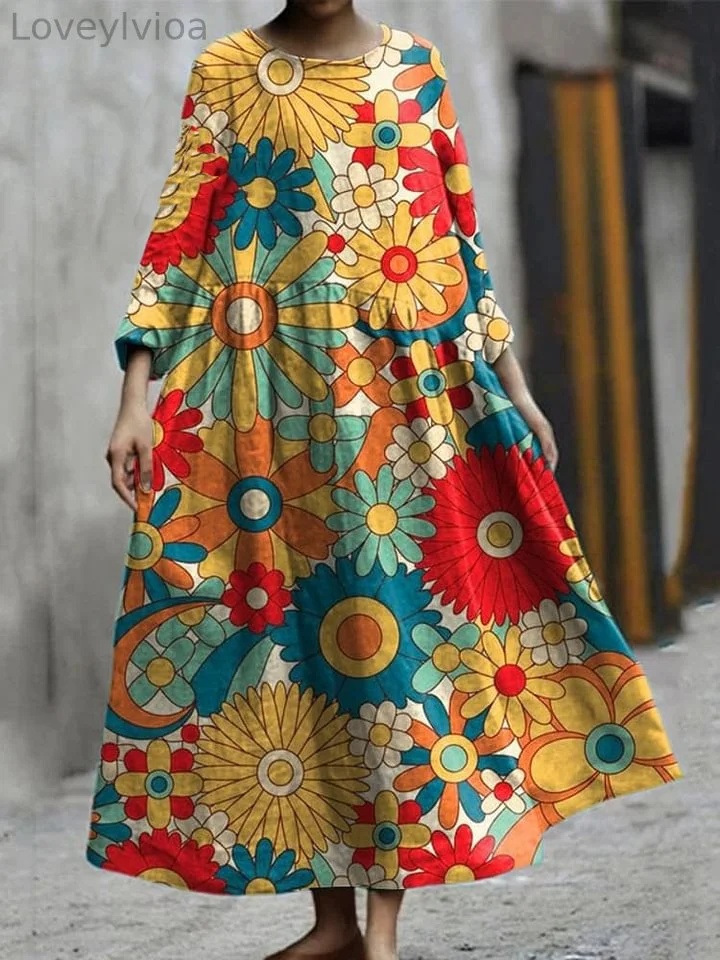 Women's Lovely Flowers Art Print Pocket Cotton Dress