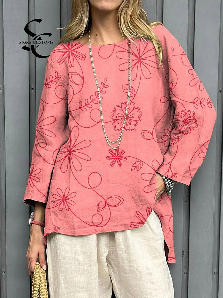 Women's Vintage Floral Art Print Casual Cotton And Linen Shirt