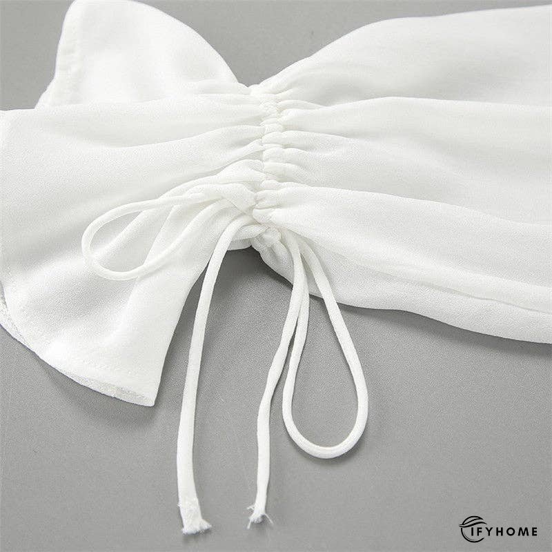 White Tie-Up Top With Mandarin Collar | IFYHOME