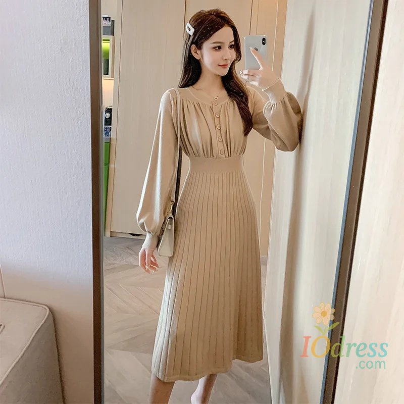 IO Dress Elegant Long Knitted Sweater Dress Knee-Over Autumn Winter New Style Inner Wear Slim Fit Midi Dress for Women