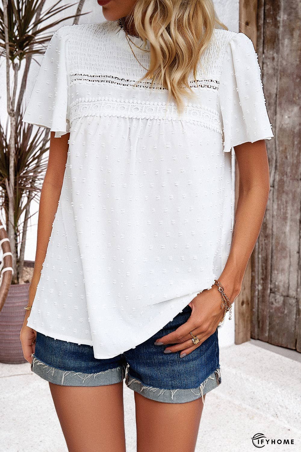 Swiss Dot Smocked Round Neck Short Sleeve Blouse | IFYHOME