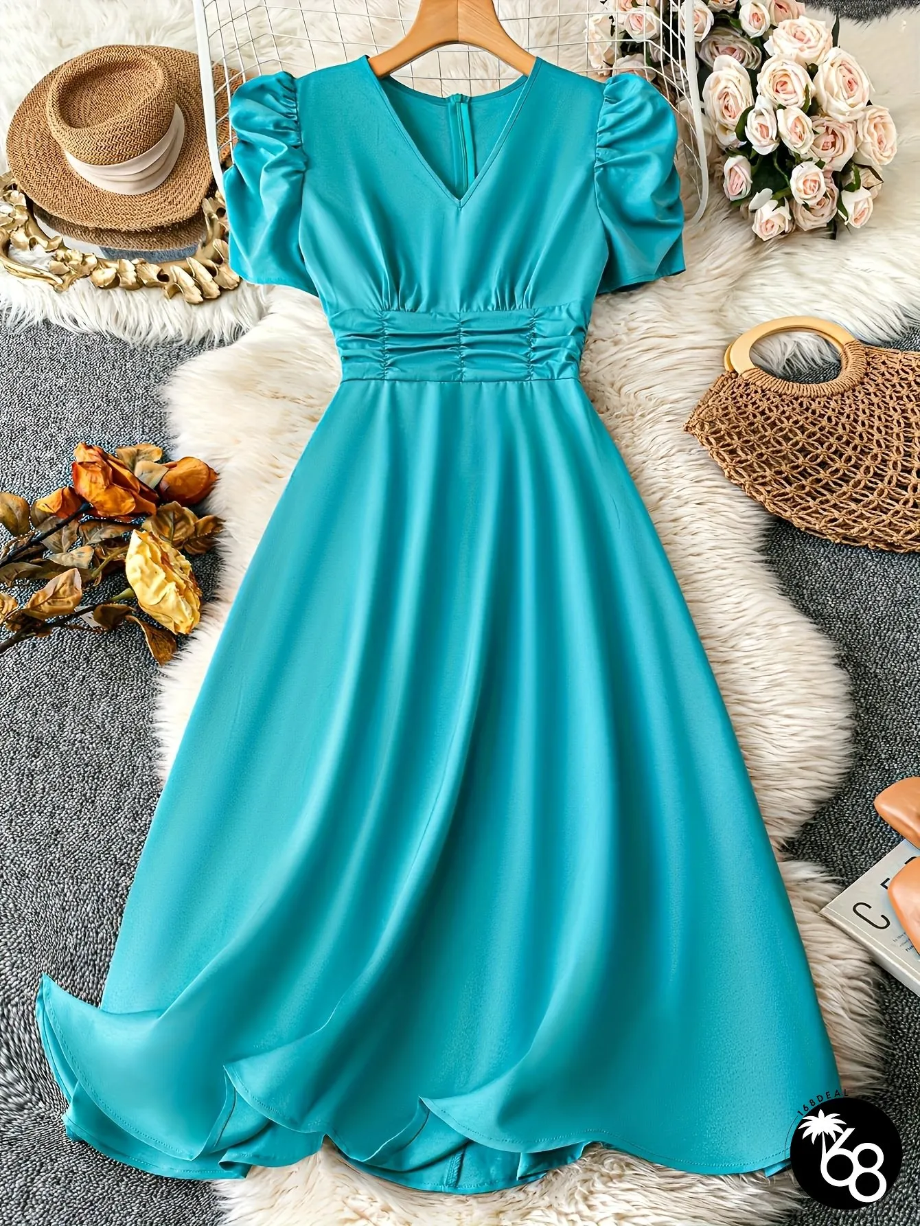 Elegant Teal V-Neck Midi Dress With Puff Sleeves And Ruffled Hem Casual A-Line For Women | 168DEAL