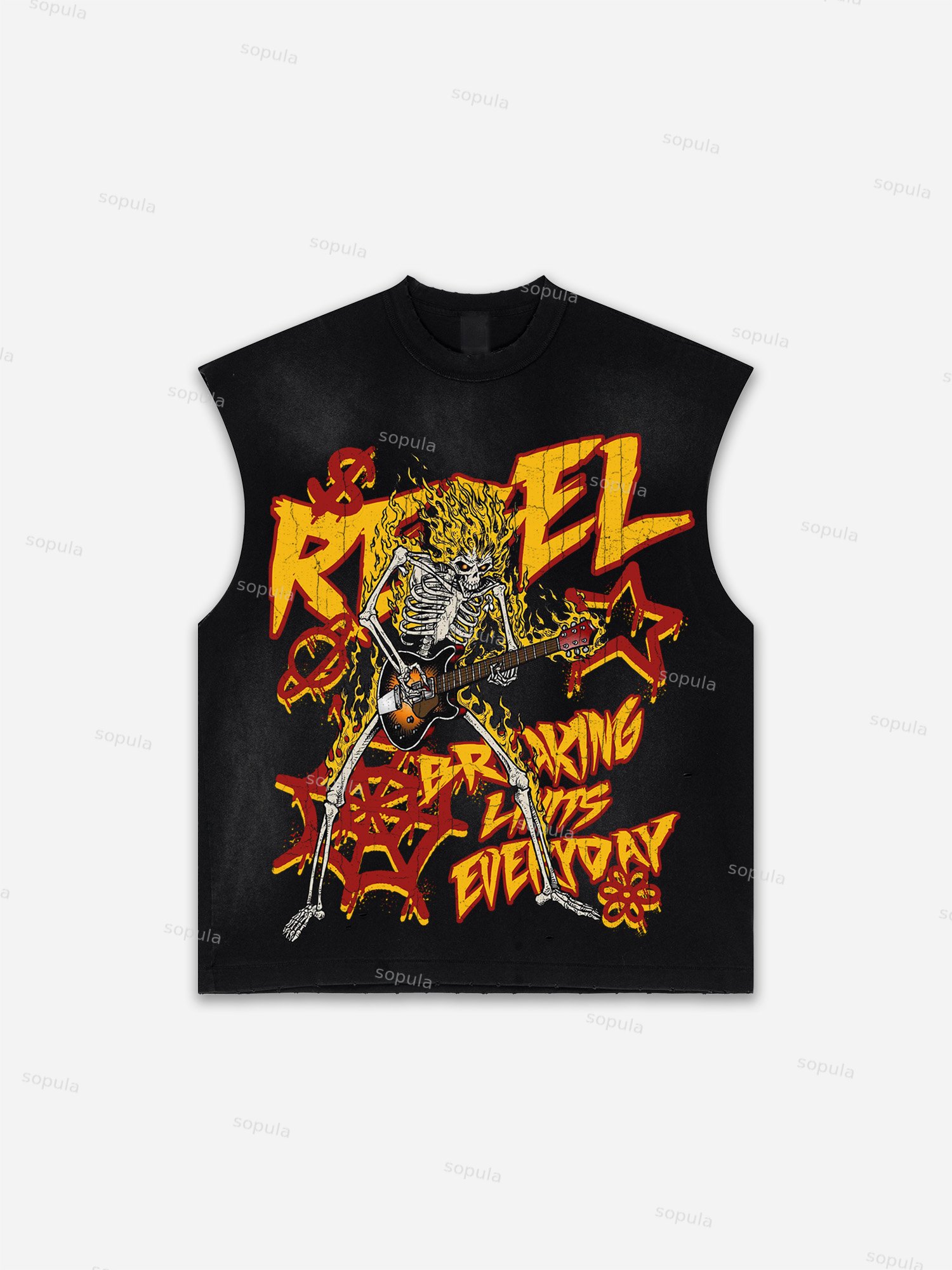 Flame Skull Graffiti Print Distressed Tank Top