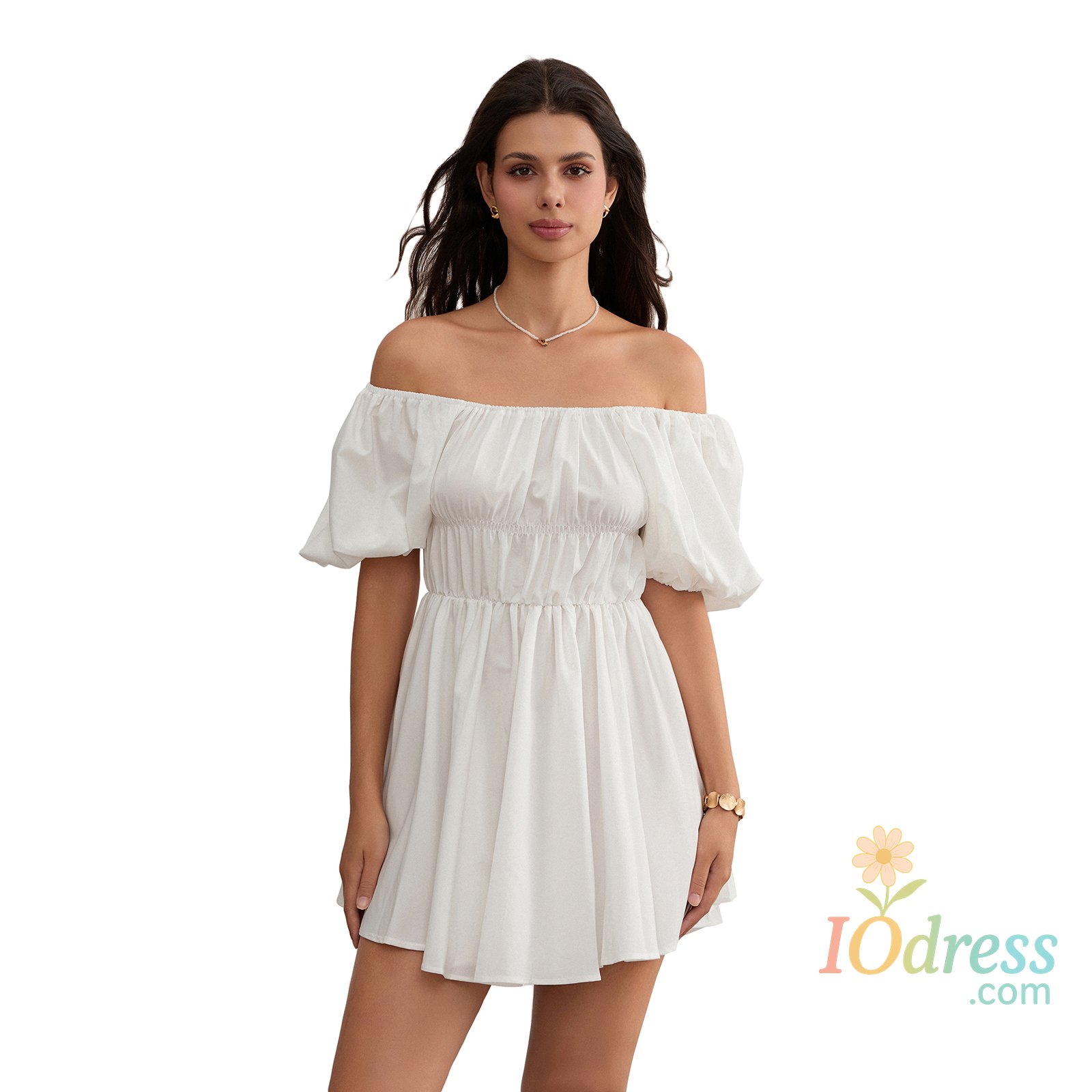 IO Dress Women Casual Summer Dress Fashion Sexy Solid Color Elegant Short Puff Sleeve Off-shoulder Tunic Dress Brown/White IO Dress