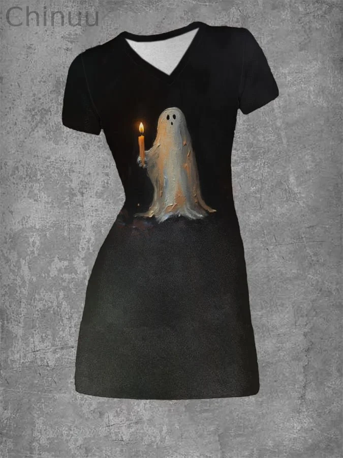 Retro Ghost Painting Candle V Neck Print Dress