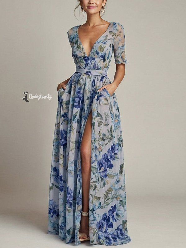 Blue V-neck Short Sleeves With Print Maxi Dress